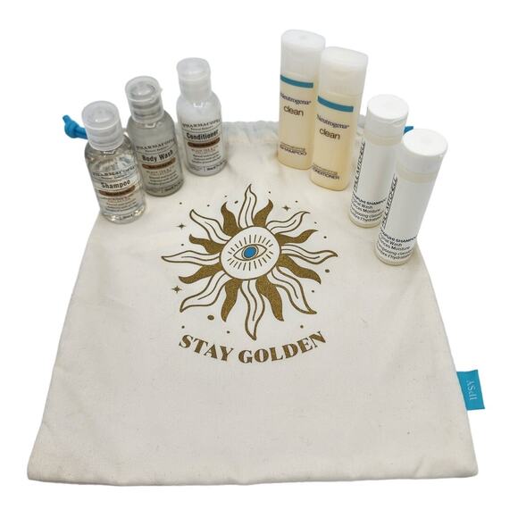 Ipsy Glam Bag Plus Stay Golden Drawstring Shampoo Conditioner Body Wash Samples - Picture 1 of 8